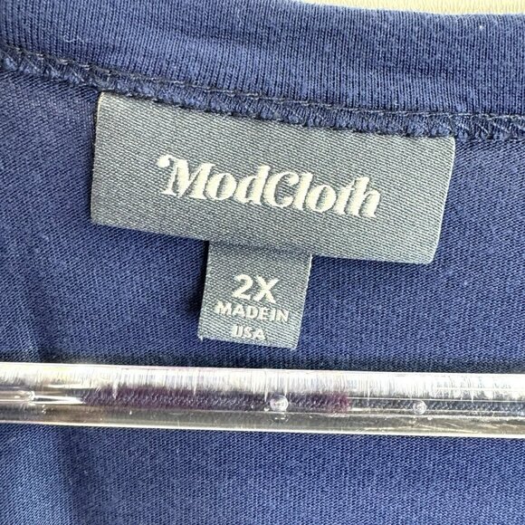 Modcloth Top Womens Plus Size 2X Long Balloon Sleeve Solid Blue Round Neck Shirt - Picture 3 of 5